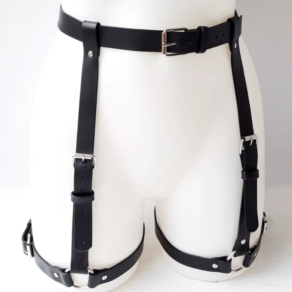 Black PU Leather BDSM Bondage Harness Waist To Thighs Belt (OS)